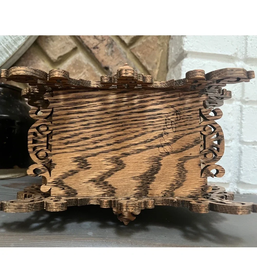 Folk‎ art Handmade fretwork wooden basket hinged compartments signed